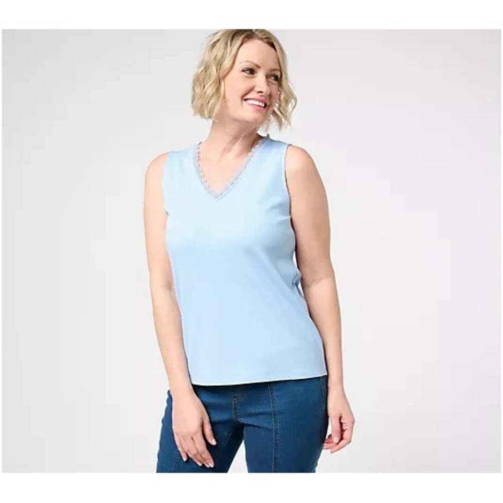 Isaac Mizrahi Live! Rib Knit Tank Top with Lace Trim Soft Periwinkle, X-Large